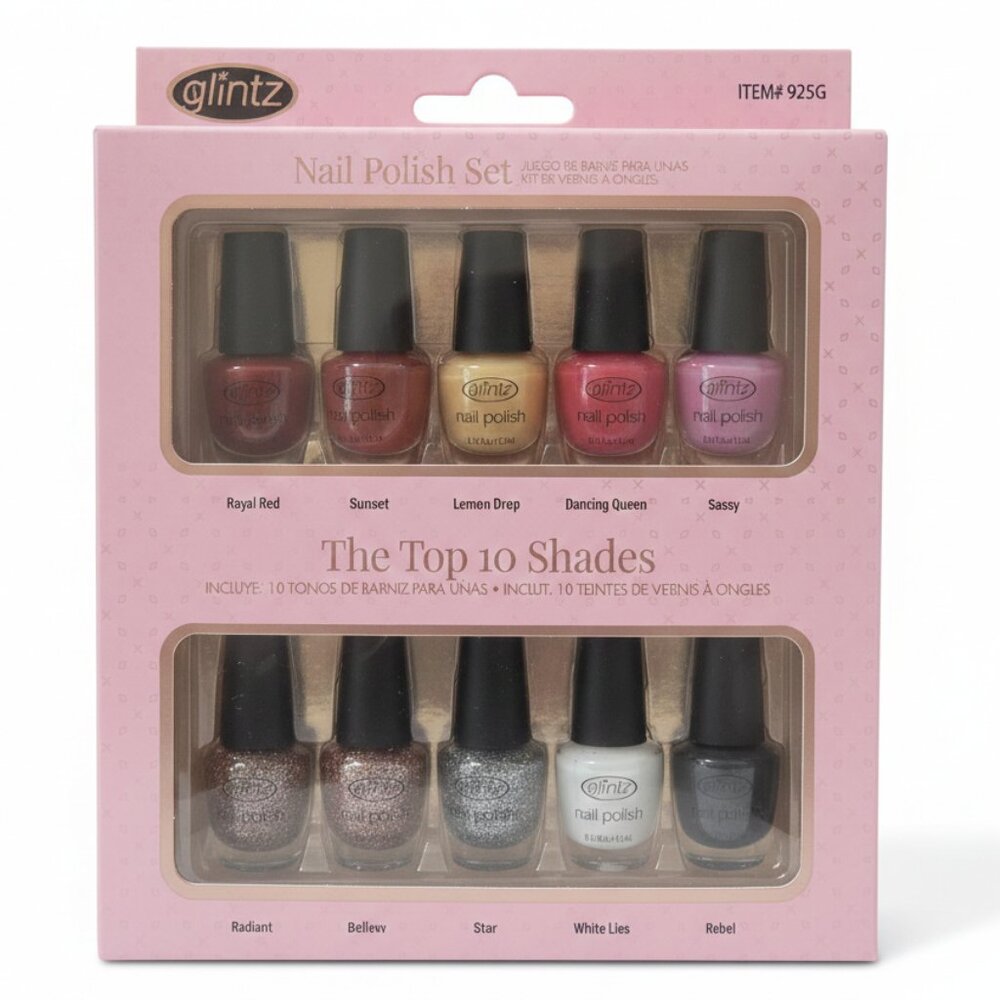 🌈 NIB Glintz Nail Polish Set - The Top 10 Shades - Travel-Size Manicure Kit 🌈